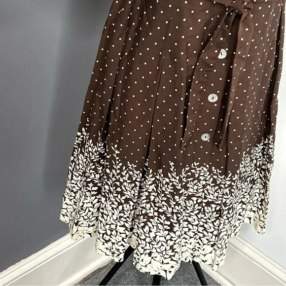 Women 8P Brown Polka Dot Floral Dress Pleated‎ Tie Sash Classic Dainty Pin Up - Picture 7 of 16
